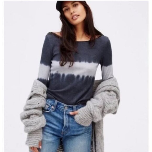 Free People Tops - Free People Ocean Dip Dye Navy White Tie Dye Crewneck Long Sleeve Top Medium